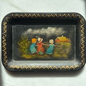 Vintage Handpainted Black Tole Miniature Tray With Children